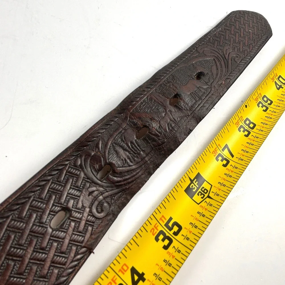 Leather Belt Mens 36 Brown Tooled Wildlife Deer Basketweave Western Embossed